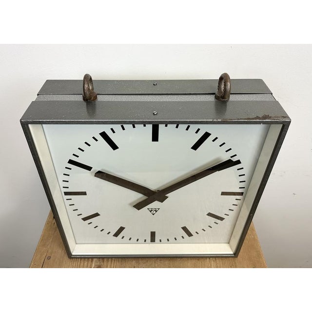 Large Industrial Square Double-Sided Factory Hanging Clock from Pragotron, 1970s For Sale - Image 6 of 15