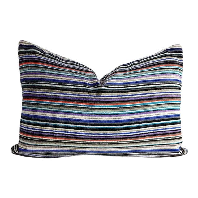 Black, Silver, White, Purple & Blue Stripe Heavy Duty Velvet Lumbar Pillow Cover For Sale
