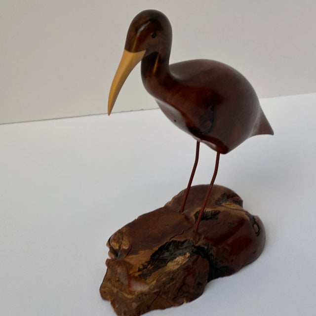 Brown Artist Signed Bruce Stamp Hand Carved Hardwood Shorebird Sculpture on Burl Base For Sale - Image 8 of 9