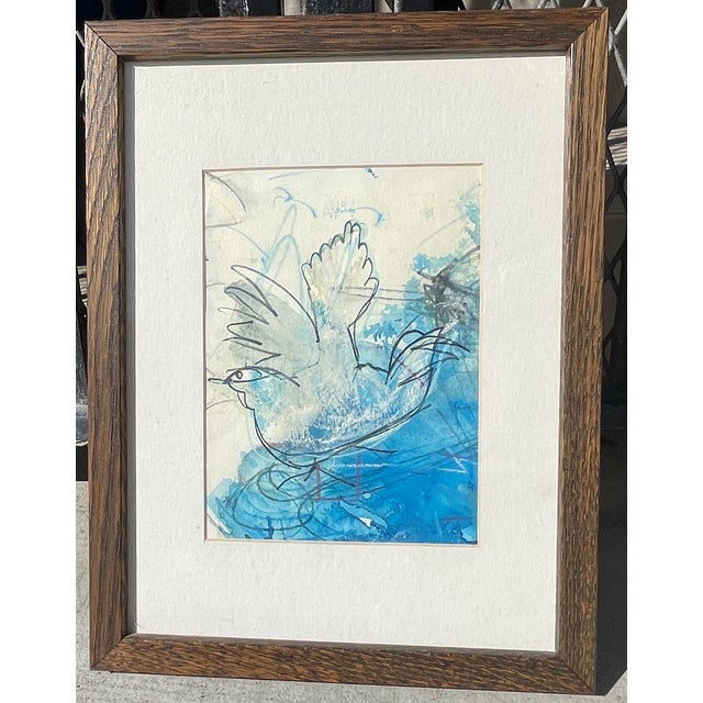 French 1960s Picasso-Esque Flying Dove Painting For Sale - Image 3 of 5