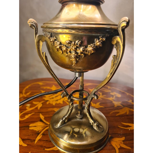 Antique Brass Oil Lamp in Glass with Lead Lampshade, 1880, in Very Good conditions. Designed before 1890 European Plug (up...