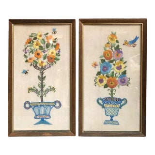 Vintage Handmade Embroidered Chinoiserie Topiary Textile Art in Crewel - a Pair For Sale