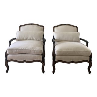 Ebony Chinoiserie Bergere Style Lounge Chairs Upholstered in White Linen - a Pair For Sale