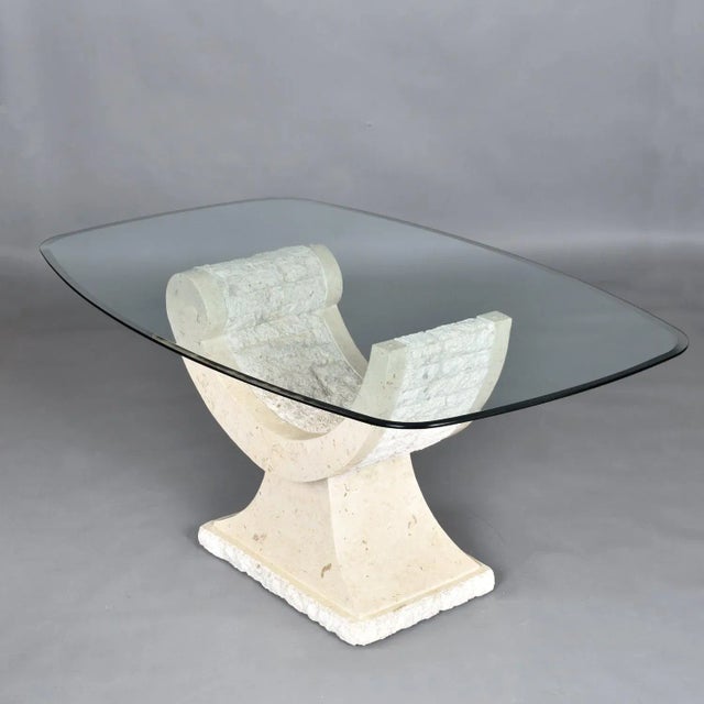 Glass Curved Tessellated Stone Pedestal Dining Table With Oval Glass Top For Sale - Image 7 of 9
