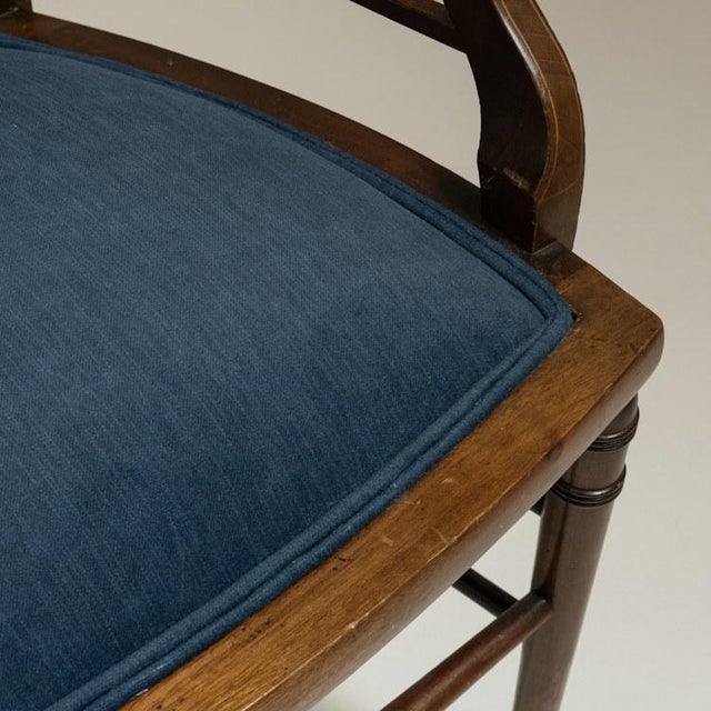 19th Century English Dark Wood Armchair With Navy Upholstery, Sunburst Inlay and Turned Legs For Sale - Image 4 of 16