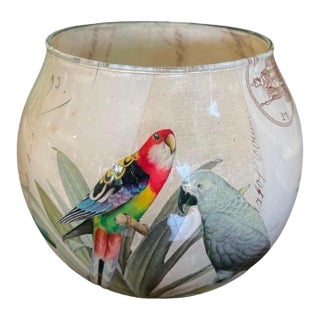 Vintage Tropical Avian Decoupage Glass Hurricane Bowl For Sale