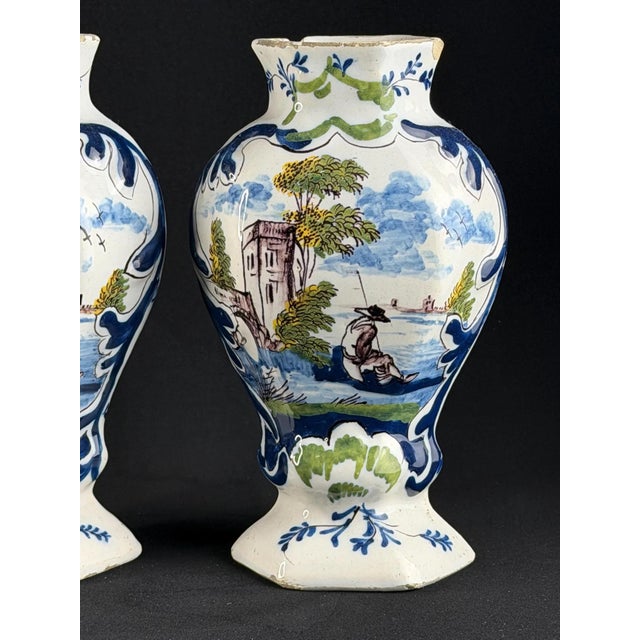 Dutch Delft Faience Vases with Hand-Painted Pastoral Scenes, Set of 2 For Sale - Image 4 of 11