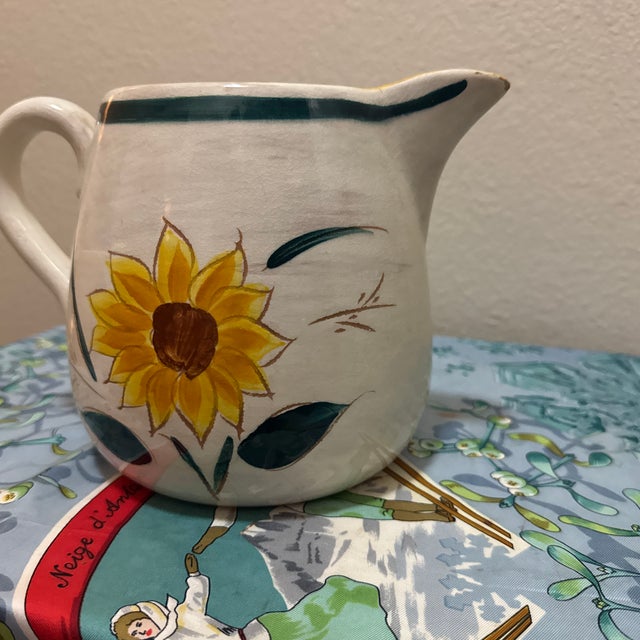 Folk Art Vintage Mid-Century Stangl Pottery "Country Garden" Hand-Painted Ceramic Sunflower Pitcher For Sale - Image 3 of 7