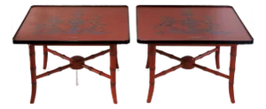 Pair of Vintage Chinese Red Lacquer Side Tables With Faux Bamboo Legs and Heraldic Crest Motif