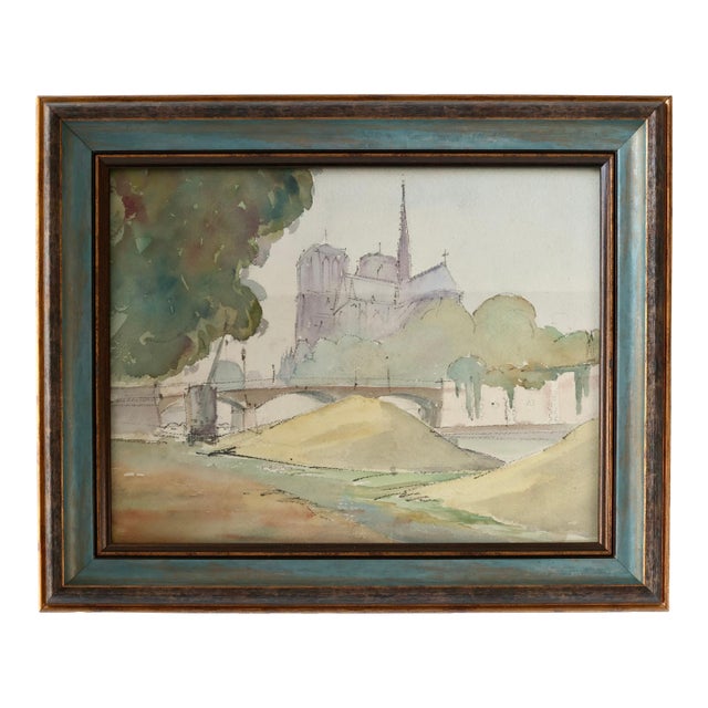 French Watercolor of Paris, Notre Dame For Sale