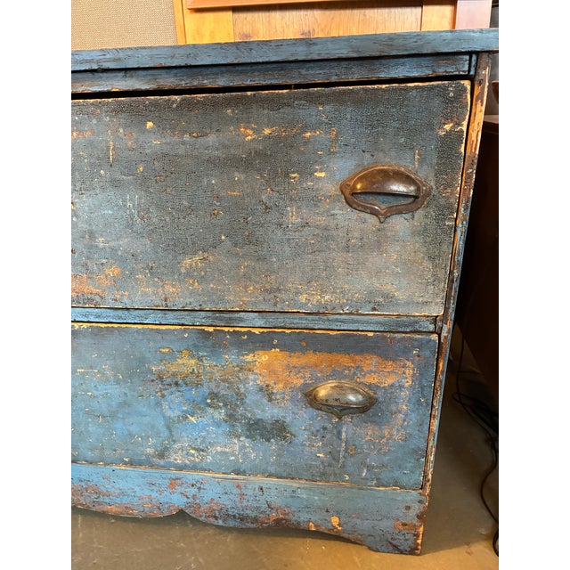 Wood Early American Blue Painted Chest of Drawers With Two Long Drawers, Ogee-Form Base in Front and Sides For Sale - Image 7 of 9