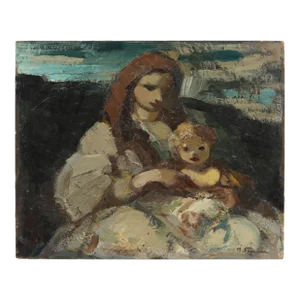 French School (Mid-20th Century), Mother and Child, Oil on Board