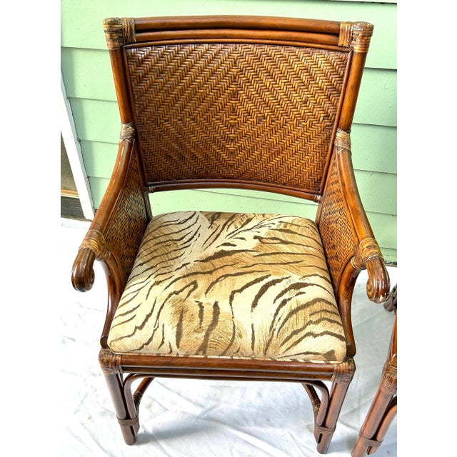 1990s Vintage Bamboo & Rattan Arm Chairs – Pair of Wicker Dining or Accent Chairs With Upholstered Seats For Sale - Image 5 of 12