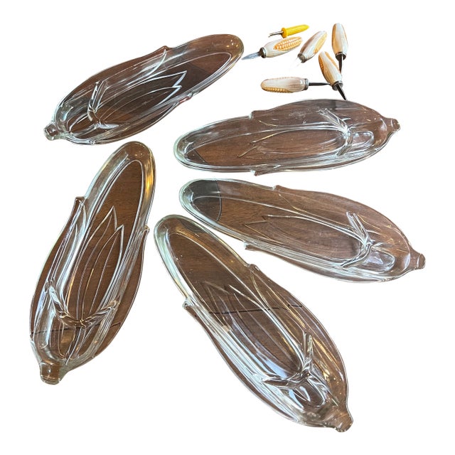 1970s Country Core Glass Corn Dishes With Ceramic Holders- Set of 11 For Sale