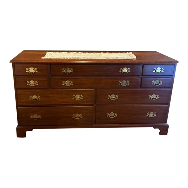 Late 20th Century Henkel Harris Solid Black Cherry 10 Drawer Double Dresser With Mirror For Sale