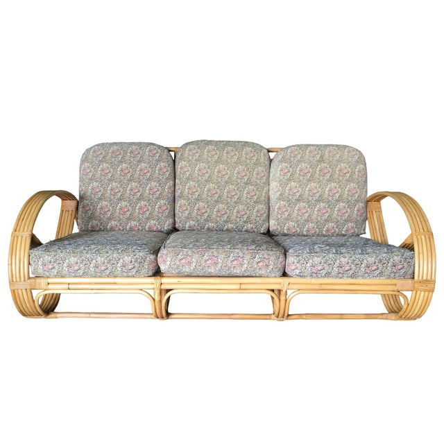 Mid-Century Modern 1940s Restored Five-Strand Round Full Pretzel Rattan Sofa & Lounge Living Room, 4 Pieces For Sale - Image 3 of 15