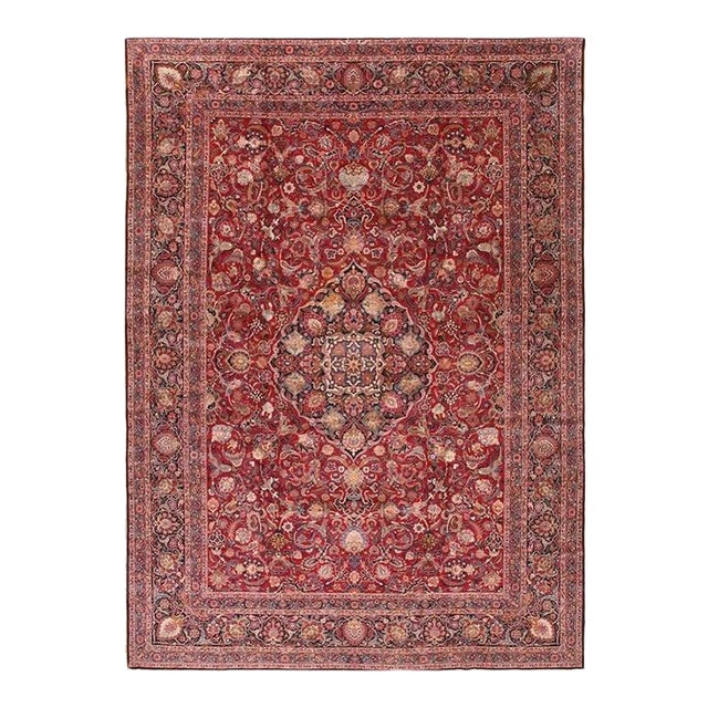 1940s Red Rust Large Scale Floral Antique Kashan Handknotted Wool Carpet Rug For Sale