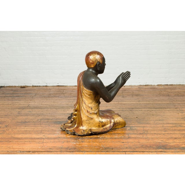 Mid 19th Century Mid 19th Century Thai Kneeling Ceremonial Temple Monk Lacquered and Gilt Sculpture For Sale - Image 5 of 13