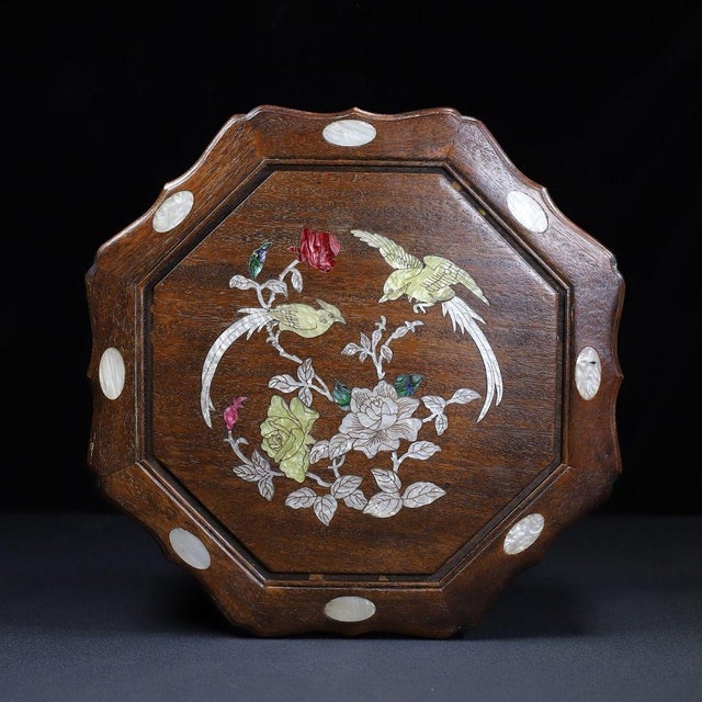 Traditional Vintage Rosewood Octagonal Box With Mother-of-Pearl Bird & Floral Inlay For Sale - Image 3 of 10
