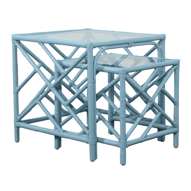 David Francis Chippendale Nesting Tables - Pool Blue For Sale - Image 4 of 6