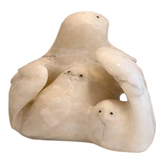 Alabaster Snowy Owl & Owlets Carved Sculpture 22" For Sale