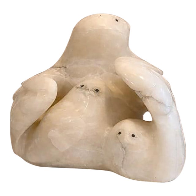 Alabaster Snowy Owl & Owlets Carved Sculpture 22" For Sale