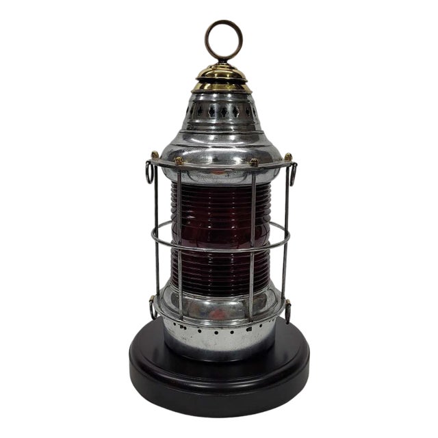 Polished Steel Ships Lantern with Ruby Red Lens For Sale
