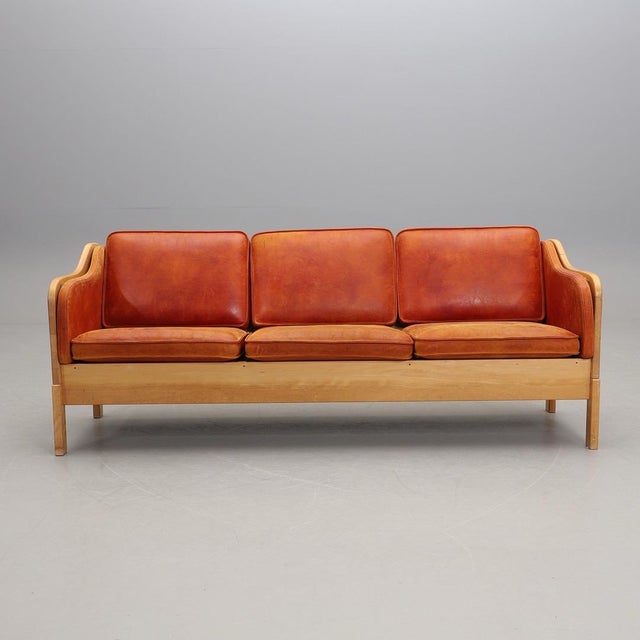 Swedese Mobler Patina Leather Beech Frame Yngve Ekstrom Three Seat Sofa, Sweden, Minimalist For Sale - Image 4 of 12