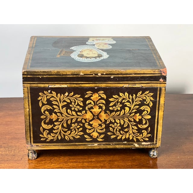 Gold Antique New England Folk Art Painted Portrait Document Box, Mother & Child, C. 1840–1860 For Sale - Image 8 of 9