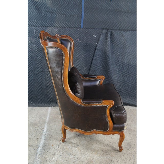 Wood Late 20th Century Thomasville French Louis XV Wingback Bergere Faux Alligator Leather Armchair For Sale - Image 7 of 13