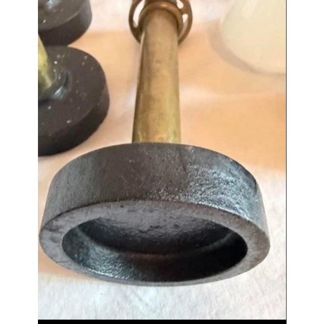 Gold 1930 Antique 5 Piece Brass Candlestick Holders With Colorful Glass Shades & Cast Iron Bases. For Sale - Image 8 of 9