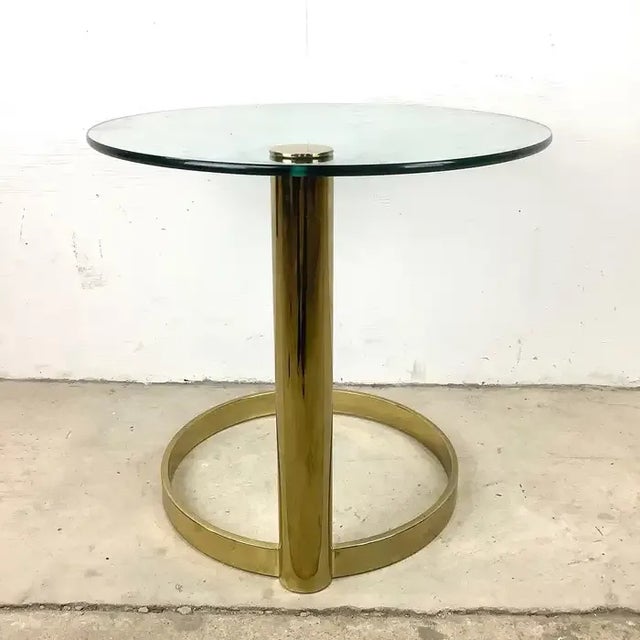 Mid-Century Modern Mid 20th Century Midcentury Modern Glass Top Cantilever Table With Circular Brass Finish For Sale - Image 3 of 7