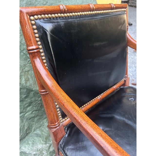 Mid-Century Modern Mid-Century Hollywood Regency Faux Bamboo & Tufted Black Leather Armchair For Sale - Image 3 of 11