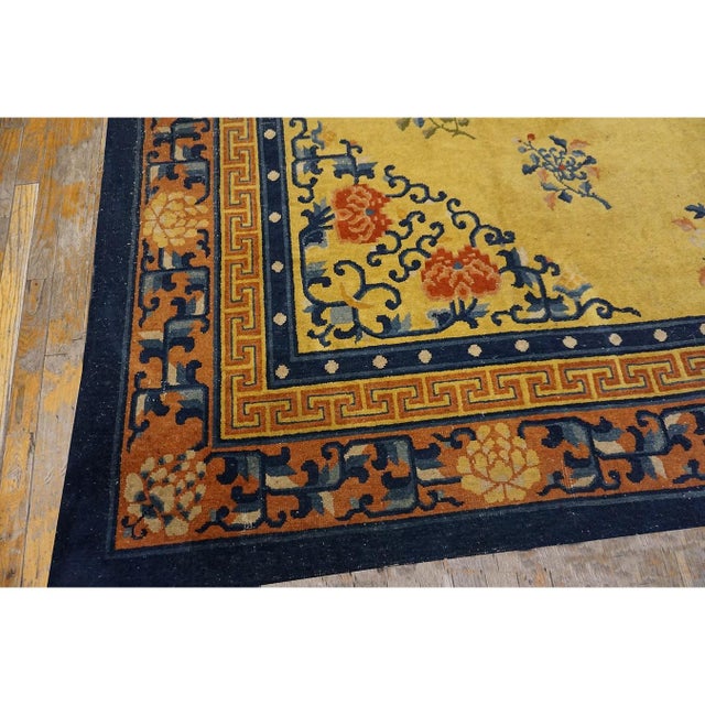 1920s 1920s Yellow Field Medallion Classic Greek Key Antique Chinese Peking Wool Rug For Sale - Image 5 of 5