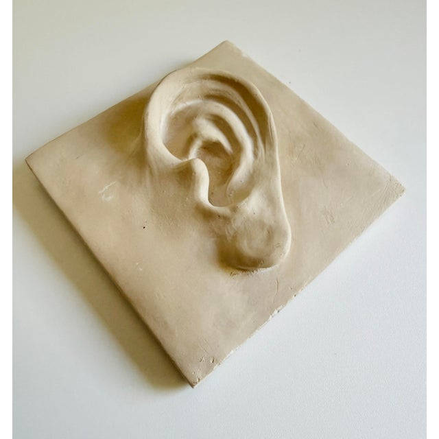 A handmade plaster wall-hung plaque featuring an anatomical human ear. Historically, these types of reliefs—often molded...