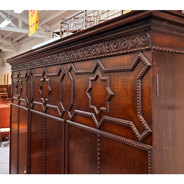 Antique English Oak Jacobean Style Triple Door Compactum Armoire, Uk Import c.1890 For Sale - Image 14 of 15