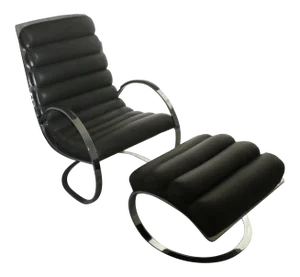 1980s Vintage Channeled Leather and Chromed Steel Club Chair & Ottoman