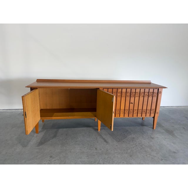 Tan Mid Century Guillerme Et Chambron Style Carved Oak Sideboard For Sale - Image 8 of 15