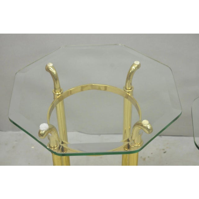 Metal Vintage Hollywood Regency Brass Hoof Foot Glass Top Graduating Side Table - Pair For Sale - Image 7 of 15