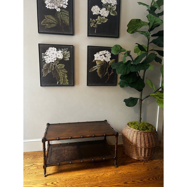 Mid-Century Modern Vintage Mid-Century Faux Bamboo Walnut Coffee Table With Cane Shelf & Casters For Sale - Image 3 of 16