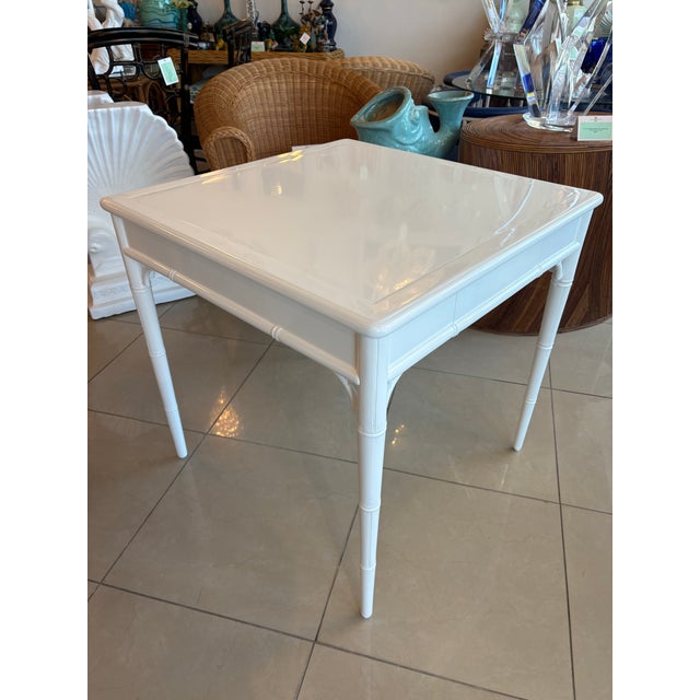 Vintage Palm Beach White Newly Lacquered Faux Bamboo Fret Game Table Two Drawers For Sale - Image 9 of 11