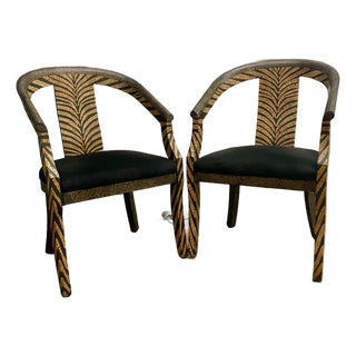 80s Sculptural Armchairs With Zebra Patterned Wood Frames and Black Suede Upholstery a Pair . For Sale