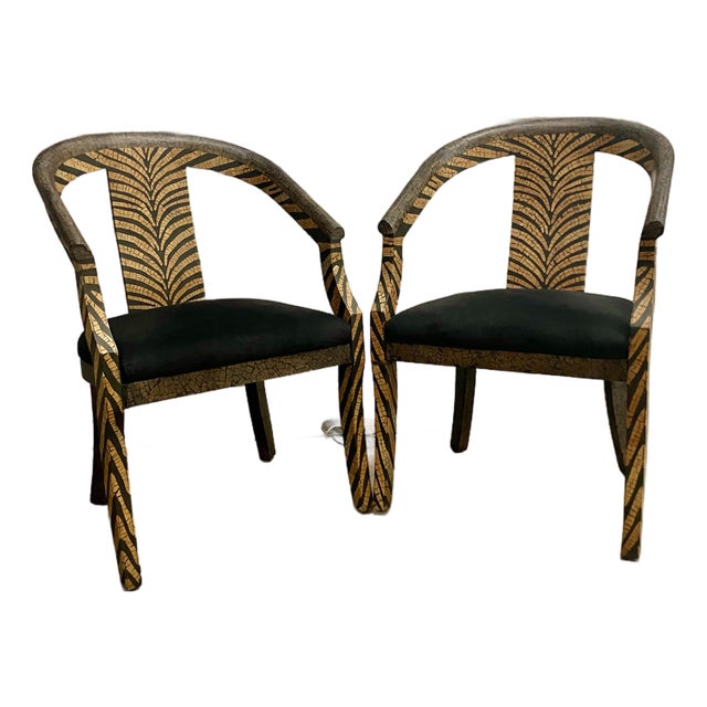 80s Sculptural Armchairs With Zebra Patterned Wood Frames and Black Suede Upholstery a Pair . For Sale