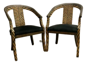 80s Sculptural Armchairs With Zebra Patterned Wood Frames and Black Suede Upholstery a Pair .