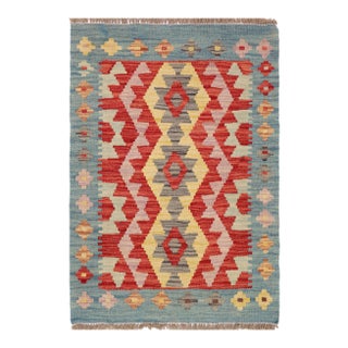 Shabby Chic Kilim Kelvin Red Blue Hand-Woven Wool Rug For Sale