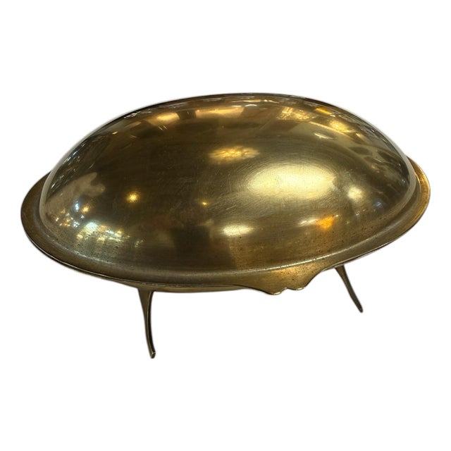 Vintage Brass Clamshell Covered Dish on Stand For Sale