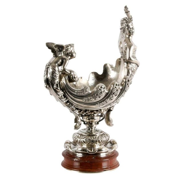 Early 20th Century Antique Silver Plate Figural Liberty & Cherub Centerpiece Bowl on Marble Base, Circa 1890 For Sale - Image 5 of 11