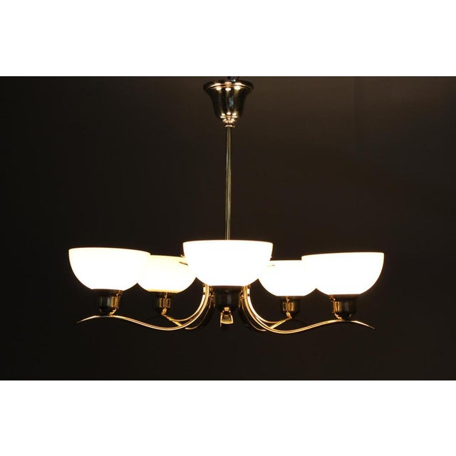 Art Deco Brass Chandelier with Cream Opaline Glass, Czechoslovakia, 1930s For Sale - Image 11 of 12