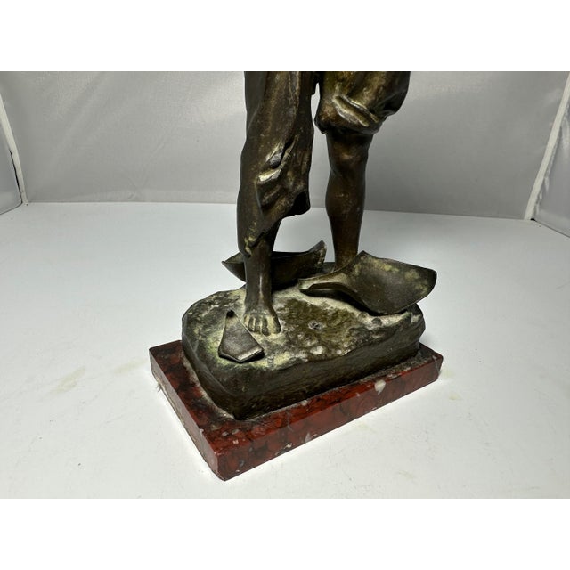 Bronzed Spelter Boy Figurine on Marble Base - Continental Antique For Sale - Image 4 of 10