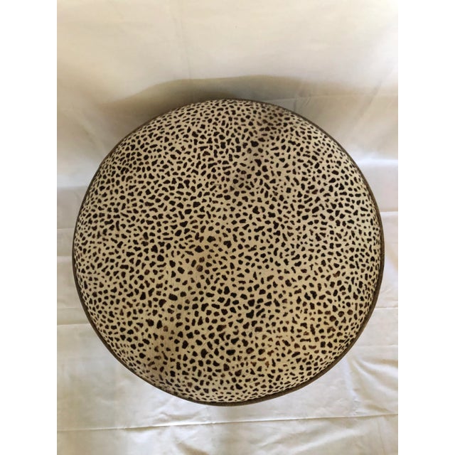 Modern Custom Made Drum Ottoman in Cowhide Cheetah Print & Velour For Sale - Image 3 of 11